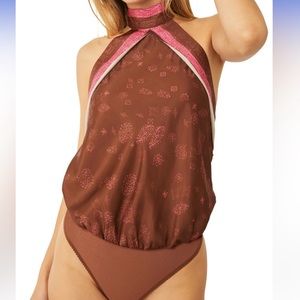 Free people intimately brown and pink satin bodysuit.